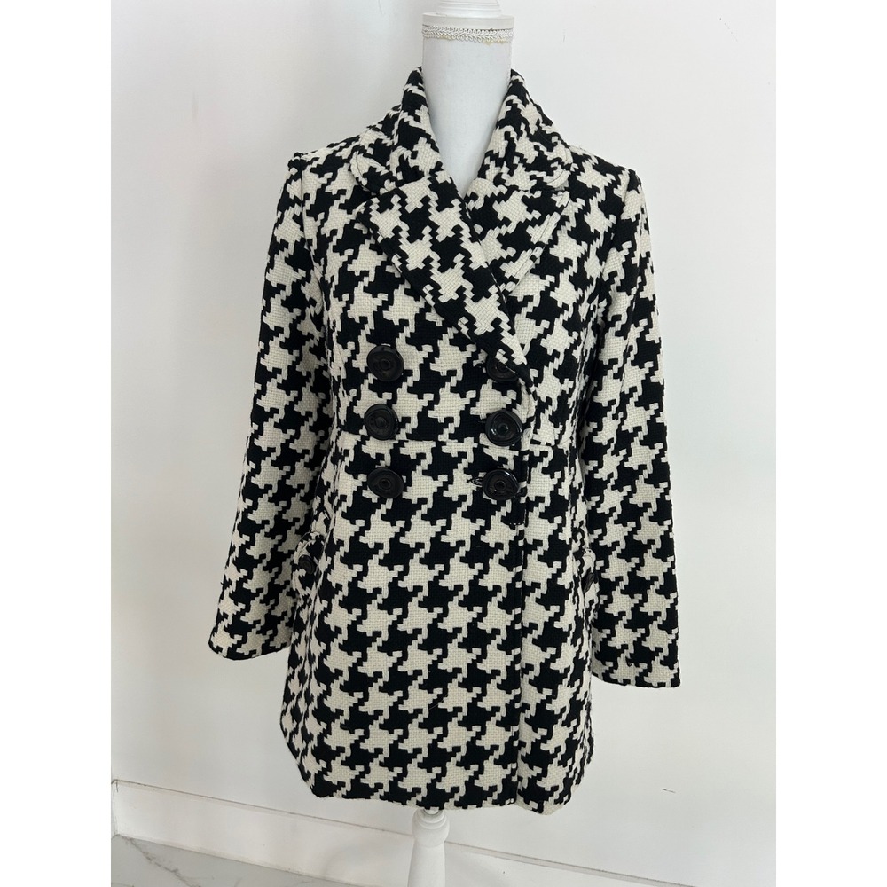 Jolt Womens Houndstooth Double Breasted Wool Blend Coat Black White Large L
